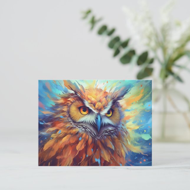 Carte Postale Peinture de hibou Aquarelle colorée Art Abstrait (Debout devant)