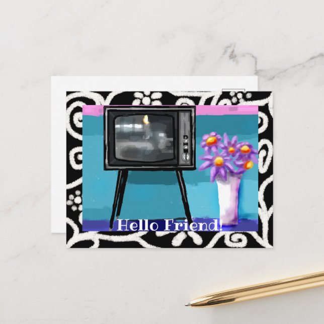 Carte postale - Peinture de la télévision rétro Wh (Devant/Arrière en situation)