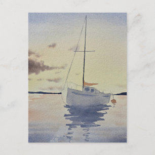 Carte Postale Peinture de plage avec un bateau Aquarelle