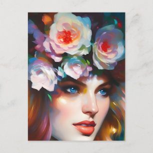 Carte Postale Peinture de portrait de femme florale