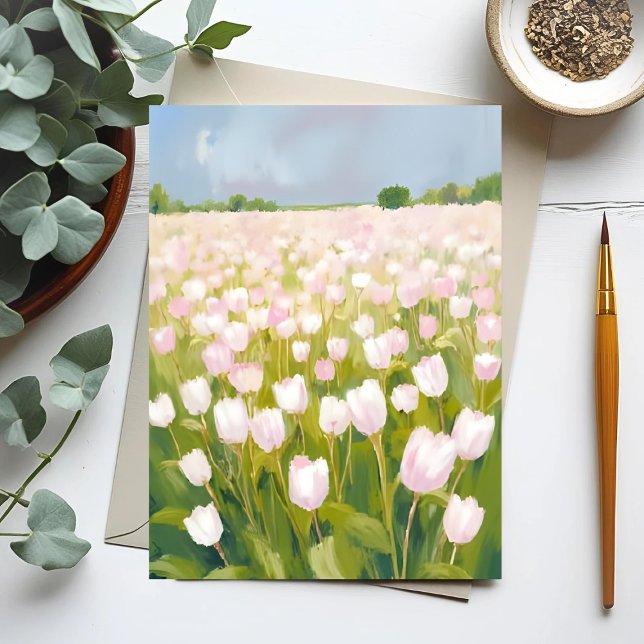 Carte Postale Peinture de terrain à fleurs de tulipes blanches (Créateur téléchargé)