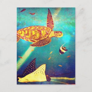 Carte Postale Peinture de tortue de mer colorée de l'océan bleu