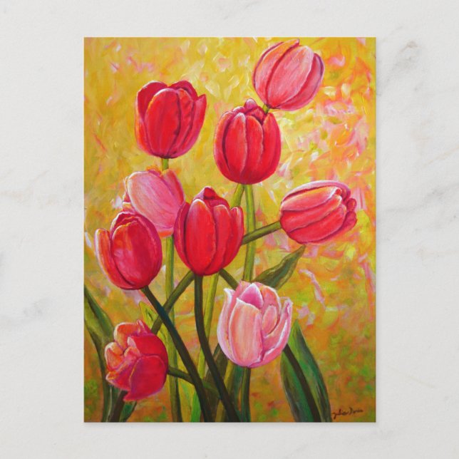 Carte Postale Peinture de tulipes roses et rouges (Devant)