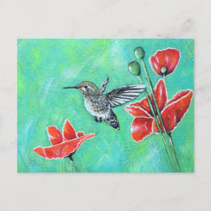Carte Postale Peinture des colibris et des pavots