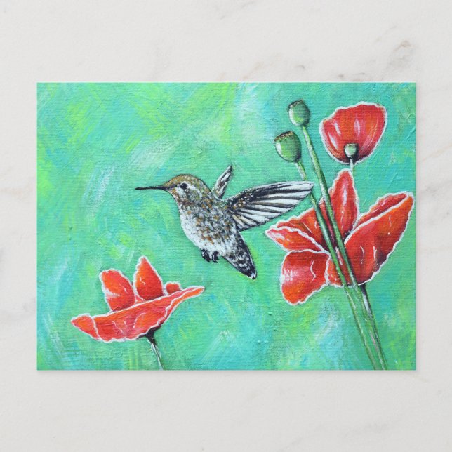 Carte Postale Peinture des colibris et des pavots (Devant)