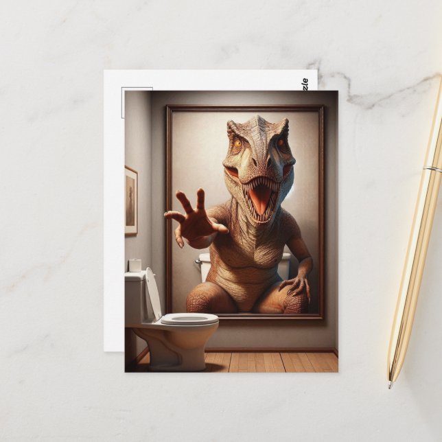 Carte Postale Peinture Dino effrayant dans une salle de bain (Devant/Arrière en situation)