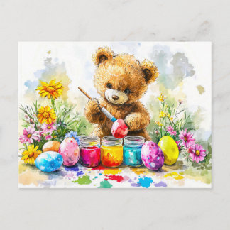 Carte Postale Peinture d'oeufs de Pâques par un ours en peluche