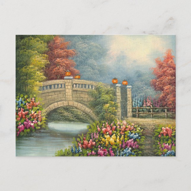Carte Postale Peinture D'Un Pont De Marche Entouré De Fleurs (Devant)