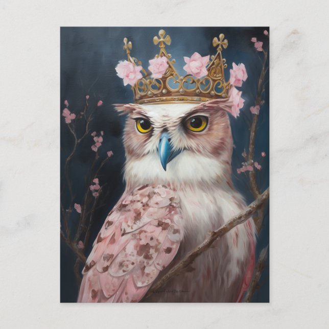 Carte Postale Peinture d'une chouette avec couronne et fleurs ro (Devant)
