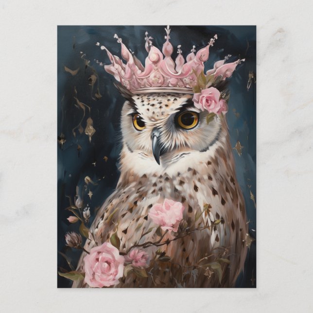 Carte Postale Peinture d'une chouette avec couronne et roses ros (Devant)