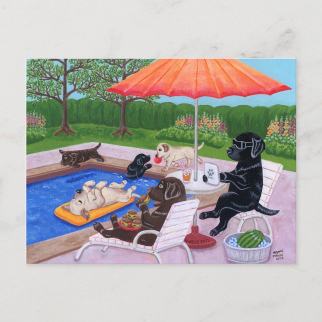 Carte Postale Peinture Fête au Piscine Labradors 2 (Devant)