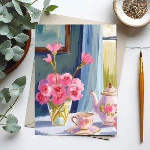 Carte Postale Peinture Fleur Rose Théière Florale