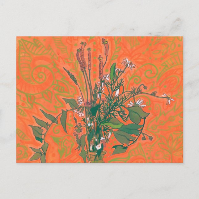 Carte Postale Peinture Florale Fleur sauvage d'été verte et oran (Devant)