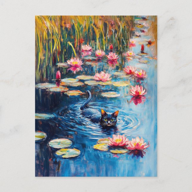 Carte Postale Peinture impressionniste de chat noir dans l'étang (Devant)