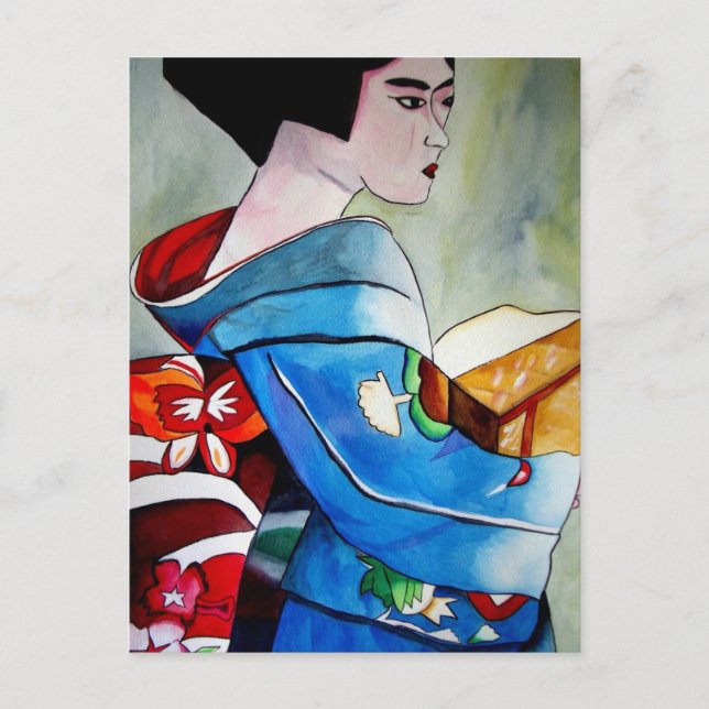 Carte Postale peinture originale d'aquarelle japonaise Geisha (Devant)