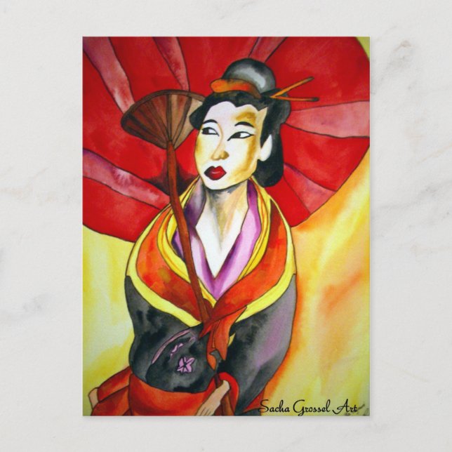 Carte Postale peinture originale d'aquarelle japonaise Geisha (Devant)