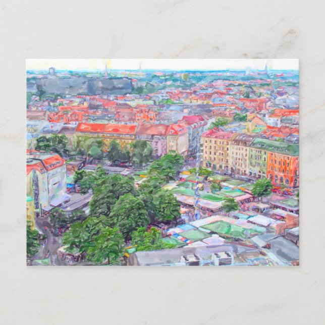 Carte Postale Peinture pastel du marché de Munich Viktualienmark (Devant)