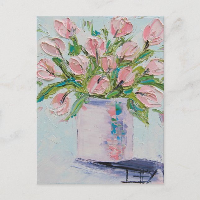 Carte Postale Peinture Tulipes Roses, Art Tulipe, Fleurs Texturé (Devant)