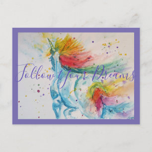 Carte Postale Peinture Unicorne Suivez vos rêves Aquarelle