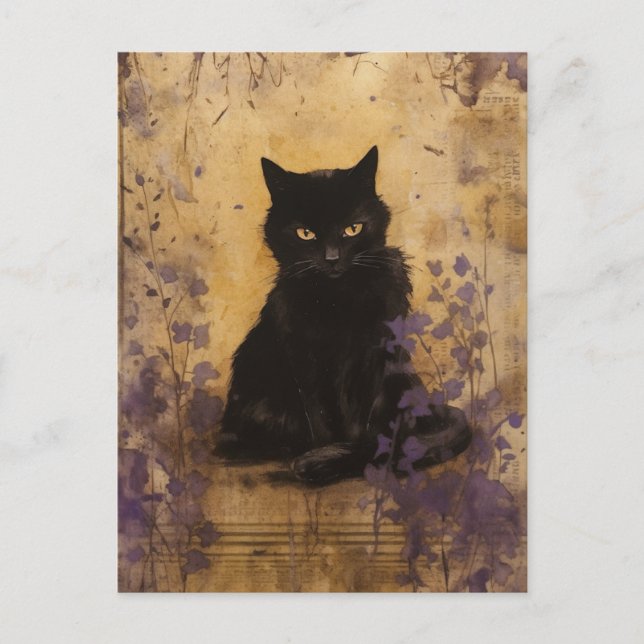 Carte Postale Peinture violette Chat noir Vintage (Devant)