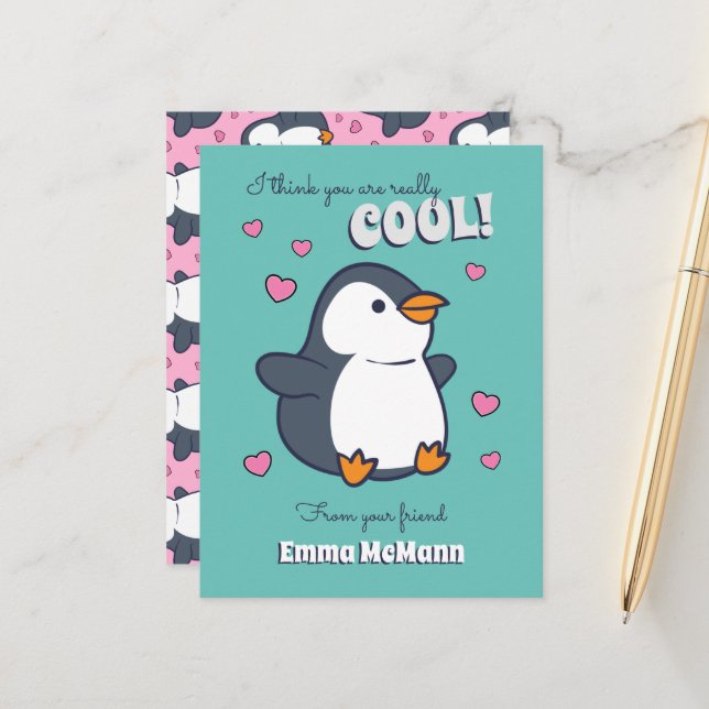 Carte Postale Penguin Classroom Valentine Cute Kids Card (Devant/Arrière en situation)