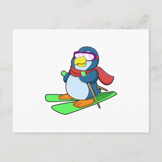Carte Postale Penguin en ski avec Ski Scarf & Lunettes de soleil (Devant)
