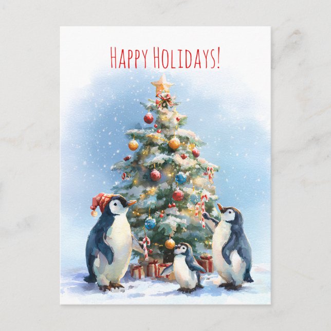 Carte Postale Penguin family joyfully decorating a Christmas tre (Devant)