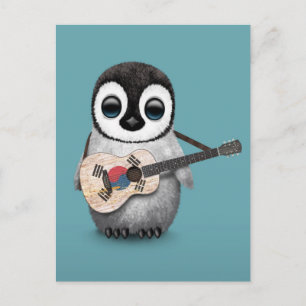 Carte Postale Penguin Jouer Drapeau Sud-Coréen Guitare Bleu