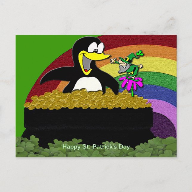 Carte Postale Penguin, Leprechaun, Or et Arc-en-ciel (Devant)