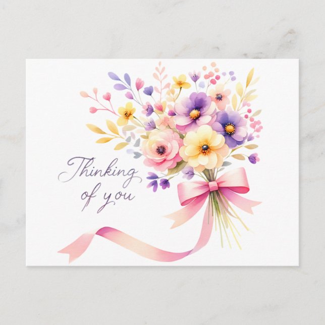 Carte Postale "Penser à vous" Bouquet floral ruban rose (Devant)