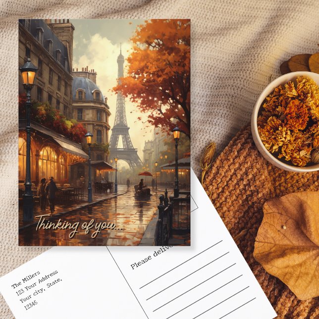 Carte Postale Penser à vous Paris sur la scène de l'automne pluv (Thinking of you Paris in rainy fall city scene Postcard)
