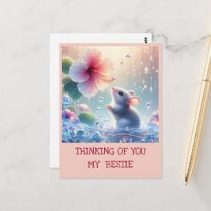 Carte Postale Penser à vous Pink Blush Flower Mystical Mouse