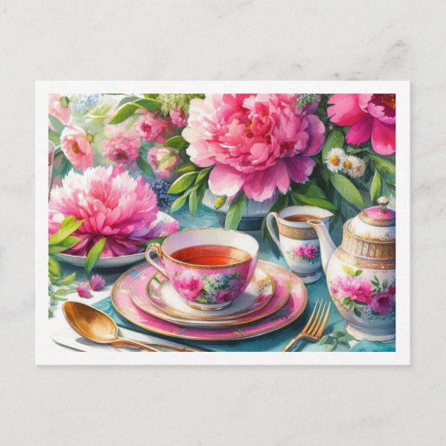 Carte Postale Peoné et Teacup rose Tea Party Floral (Devant)