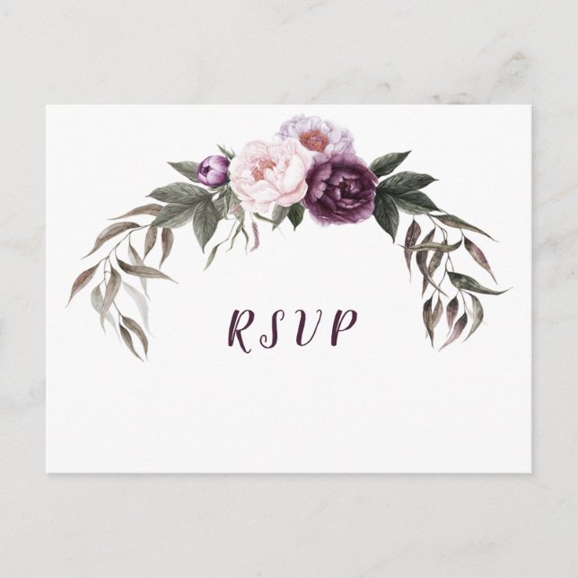 Carte Postale Peonies rose prune violette mariage RSVP (Devant)