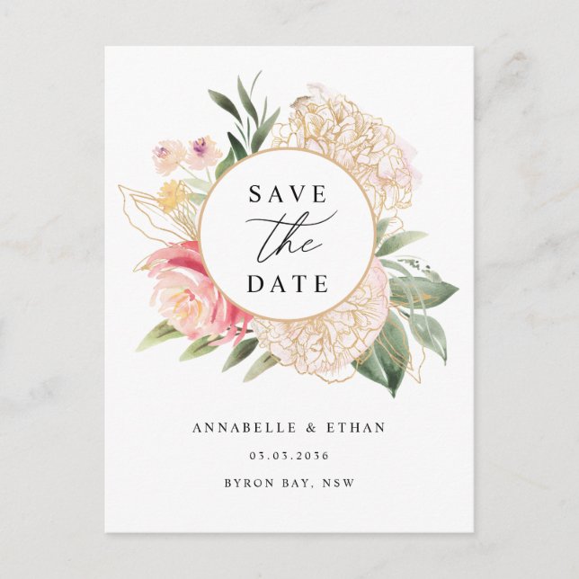 Carte Postale Peony and Gold Flowers Enregistrer la date (Devant)