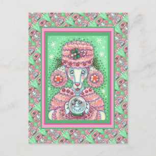 CARTE POSTALE PEPPERMINT PINK POODON ET SNOWGLOBE SNOWMAN
