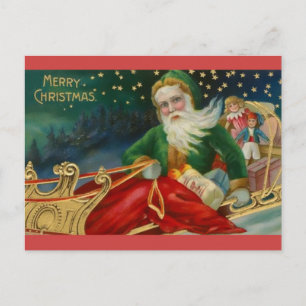 Carte Postale Père Noël à l'ancienne en vert et fourrure à Sleig