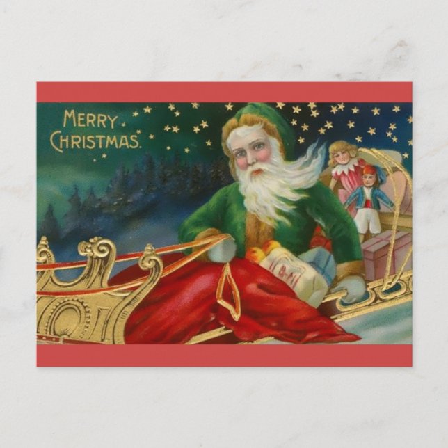 Carte Postale Père Noël à l'ancienne en vert et fourrure à Sleig (Devant)