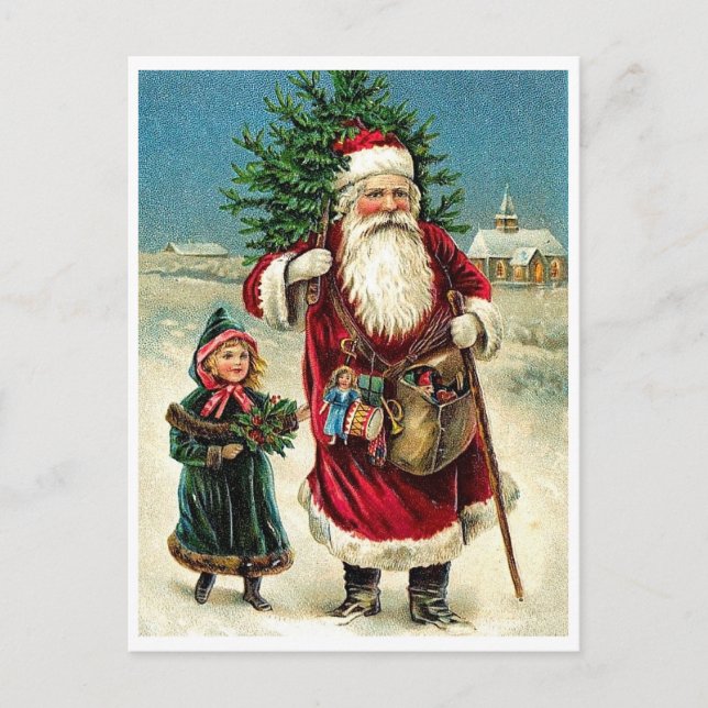 Carte Postale Père Noël avec petite fille, Joyeux Noël (Devant)