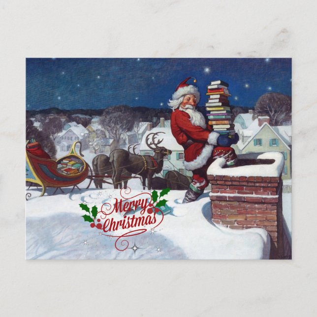 Carte Postale père Noël avec traîneau plein de livres, Joyeux No (Devant)