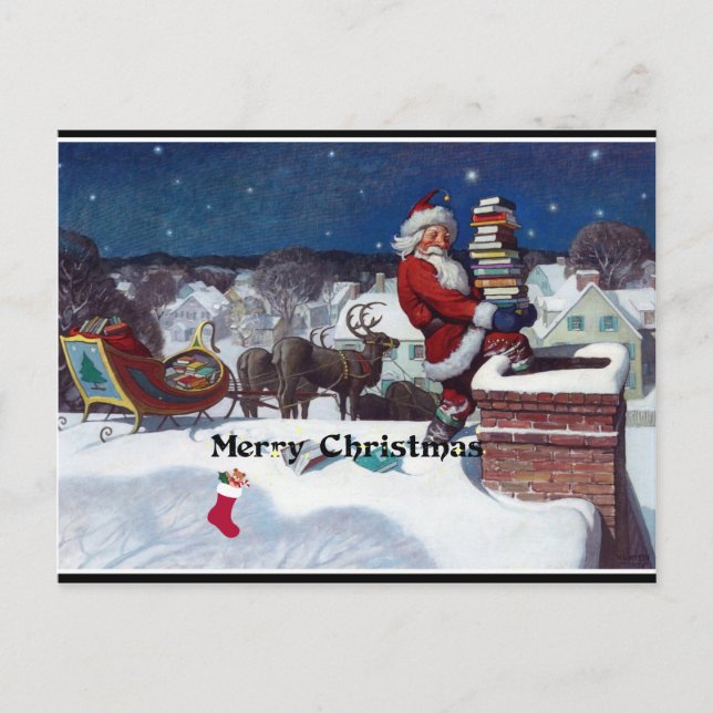 Carte Postale père Noël avec traîneau plein de livres, Joyeux No (Devant)