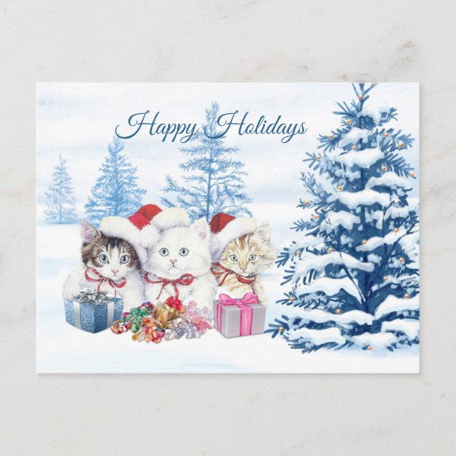 Carte Postale père Noël chatons, pins Noël (Devant)