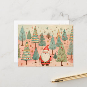 Carte Postale Père Noël dans une forêt d'arbres de Noël
