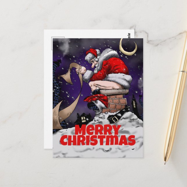 Carte Postale Père Noël de dessin animé assis sur la cheminée (Devant/Arrière en situation)