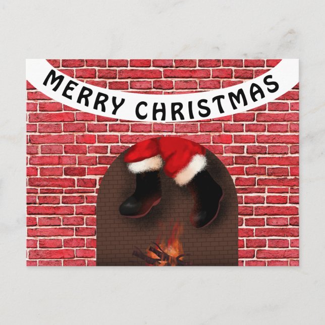 Carte Postale Père Noël descend la cheminée (Devant)