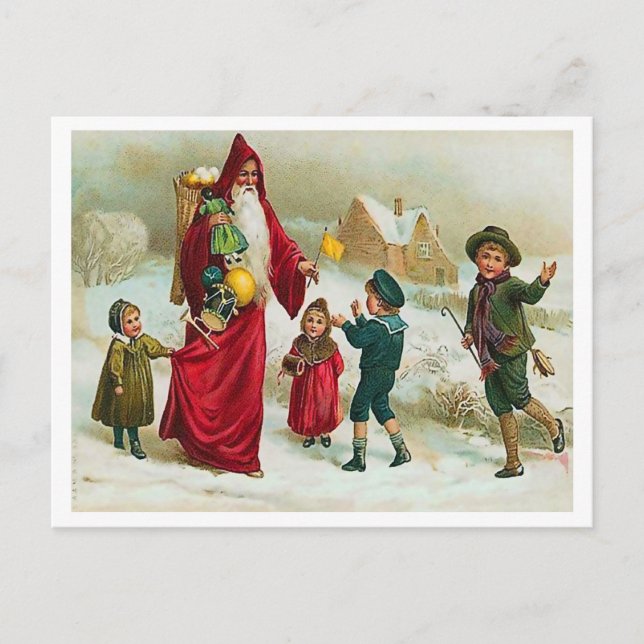 Carte Postale Père Noël donnant des jouets aux bons enfants, vin (Devant)
