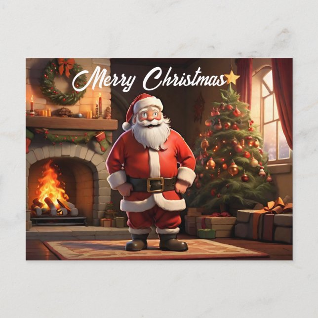 Carte Postale Père Noël en essayant devant le feu (Devant)