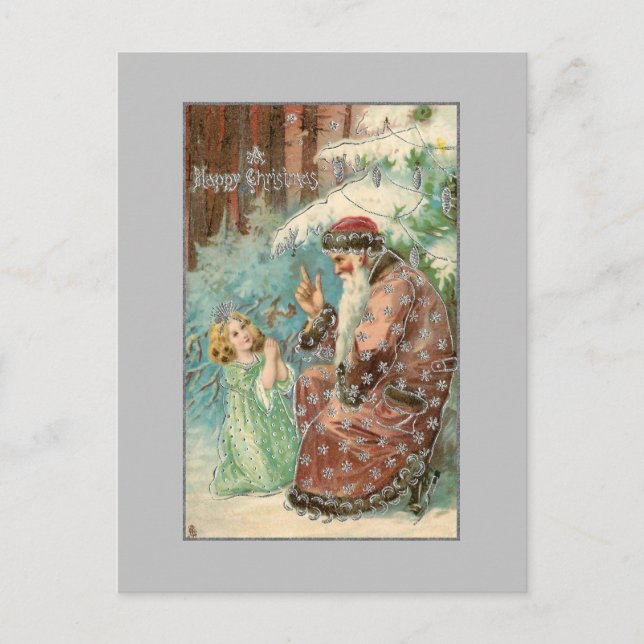 Carte Postale Père Noël en Forêt d'hiver avec Angel (Devant)