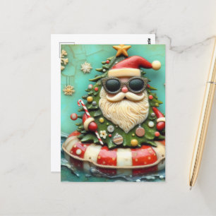 Carte Postale Père Noël en voyage en flottant