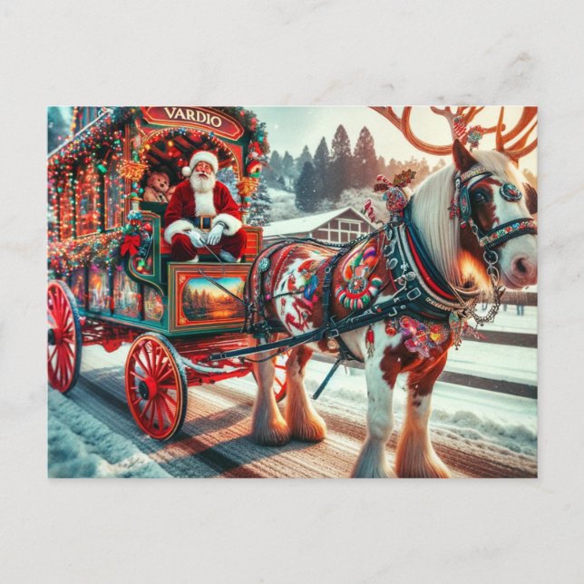 Carte Postale Père Noël et Irish Cob Horse avec Antlers (Devant)